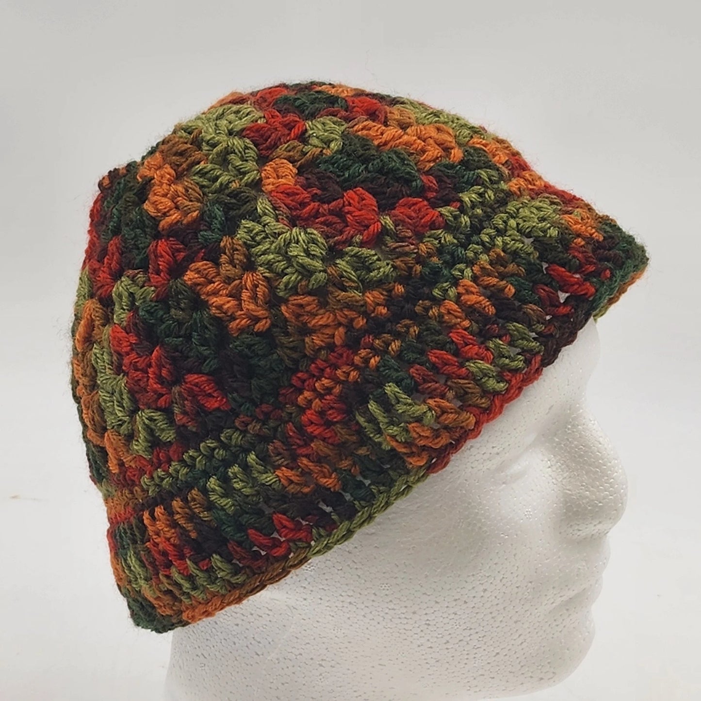 Handmade Crochet Messy Bun Beanie Hat Fall Colors Green Orange Brown Ponytail