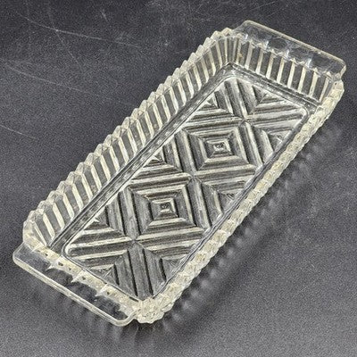 Clear Glass Relish Tray Dish X Pattern Ribbed Sawtooth Edges Handles 10" Serving
