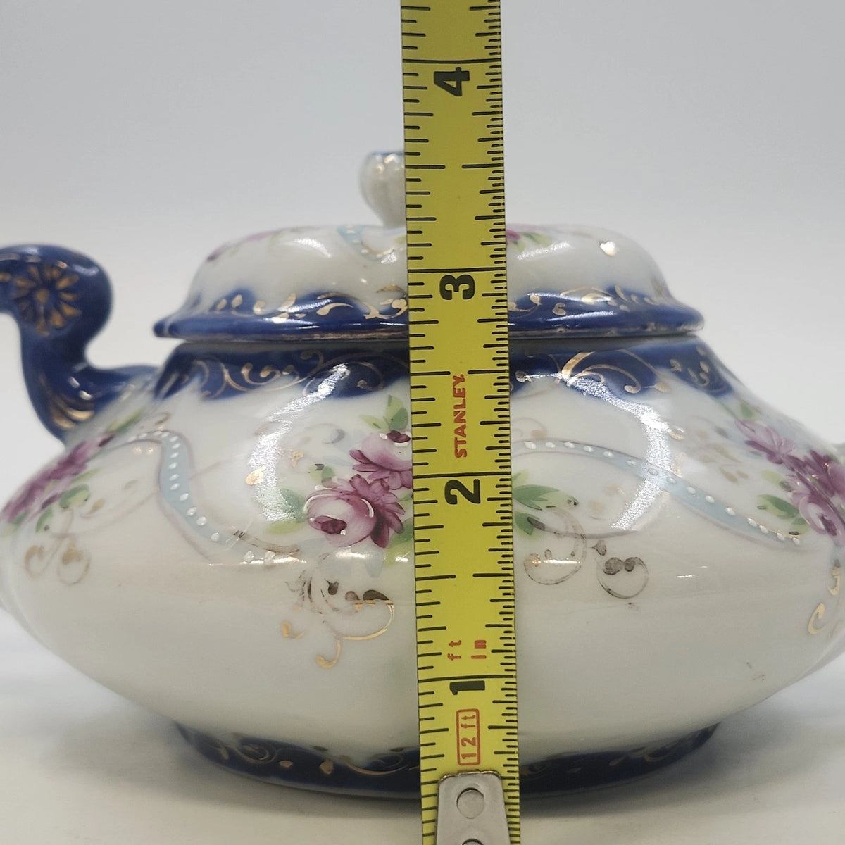 Hand Painted Porcelain Teapot 7.5"Pink Roses Cobalt Blue Gold Accents w Lid Vtg