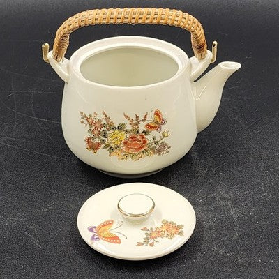 Teapot Set 4 Cups OMC Japan Butterflies Various Flowers w Rattan Handle Vintage