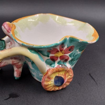 Italian Multicolor Ceramic Donkey Pulling Cart Planter Hand Painted Signed Italy