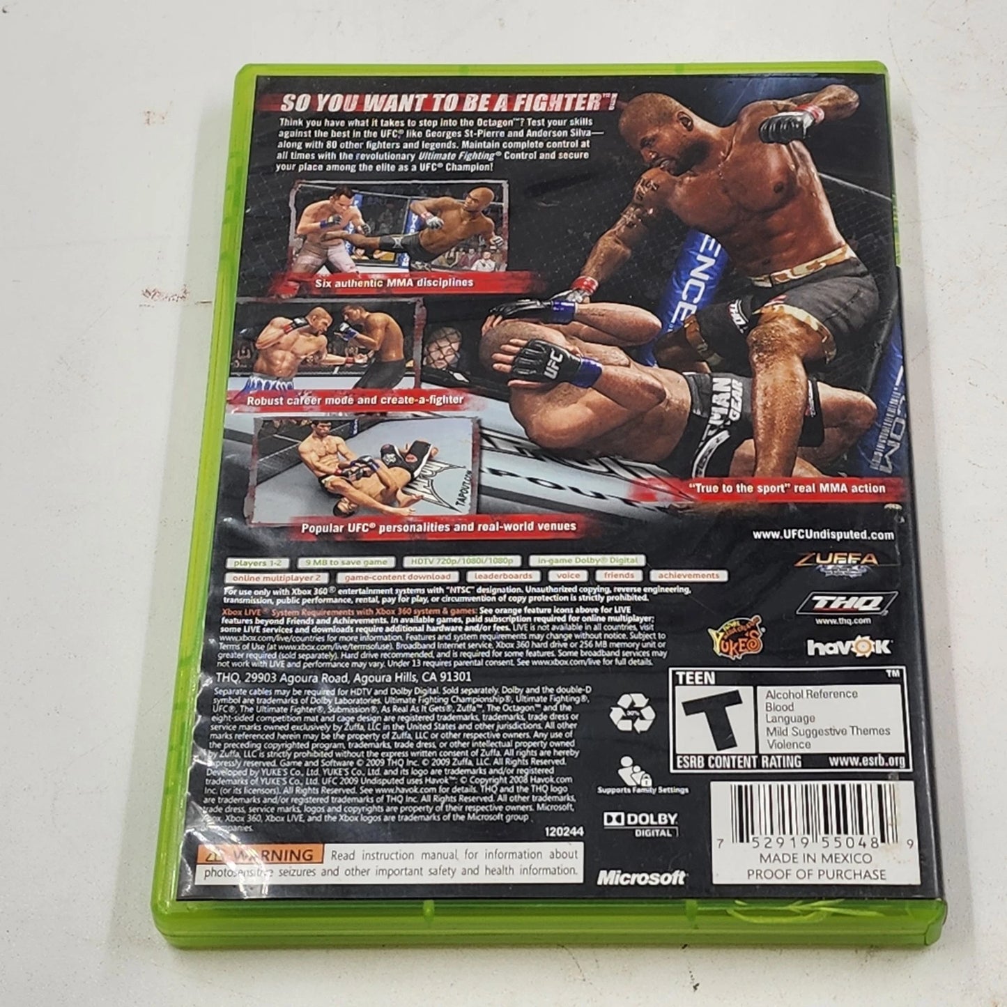 UFC 2009 Undisputed Xbox 360 Console Game & Case THQ Mixed Martial Arts Fighting