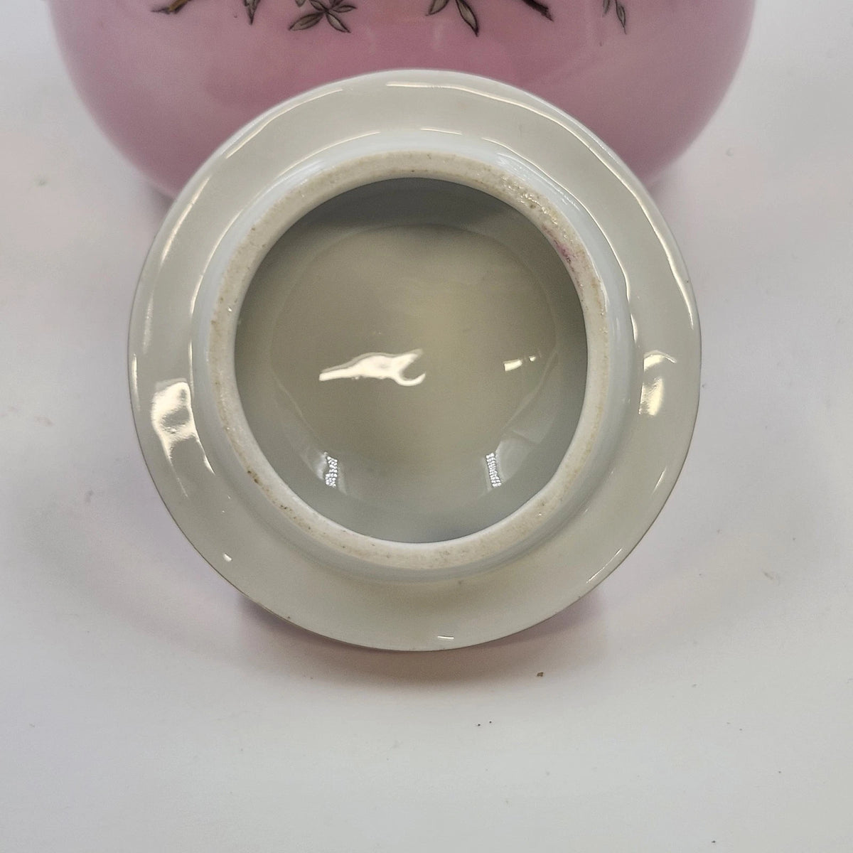 Pink Porcelain Biscuit Cookie Jar Bowl Covered Butterfly Birds Transfer Vintage