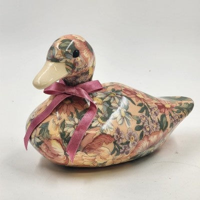 Duck Decoy Floral Decoupage Decorative Porcelain w Display Ribbon Felt Base 8.5"