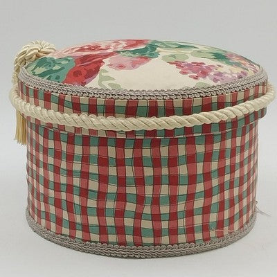 Jan Sevadjian Sewing Hat Box Basket Padded Cord Handle Fabric Covered 10" 1980s