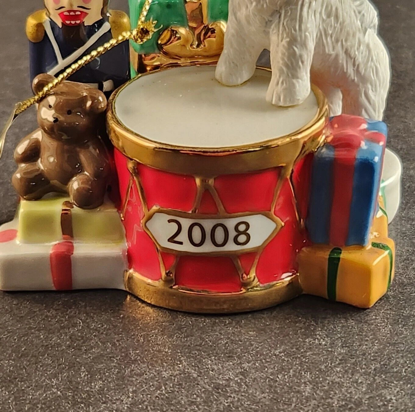 The Danbury Mint Christmas Ornament Drummer & Bichon Frise Dog 2008 Vintage