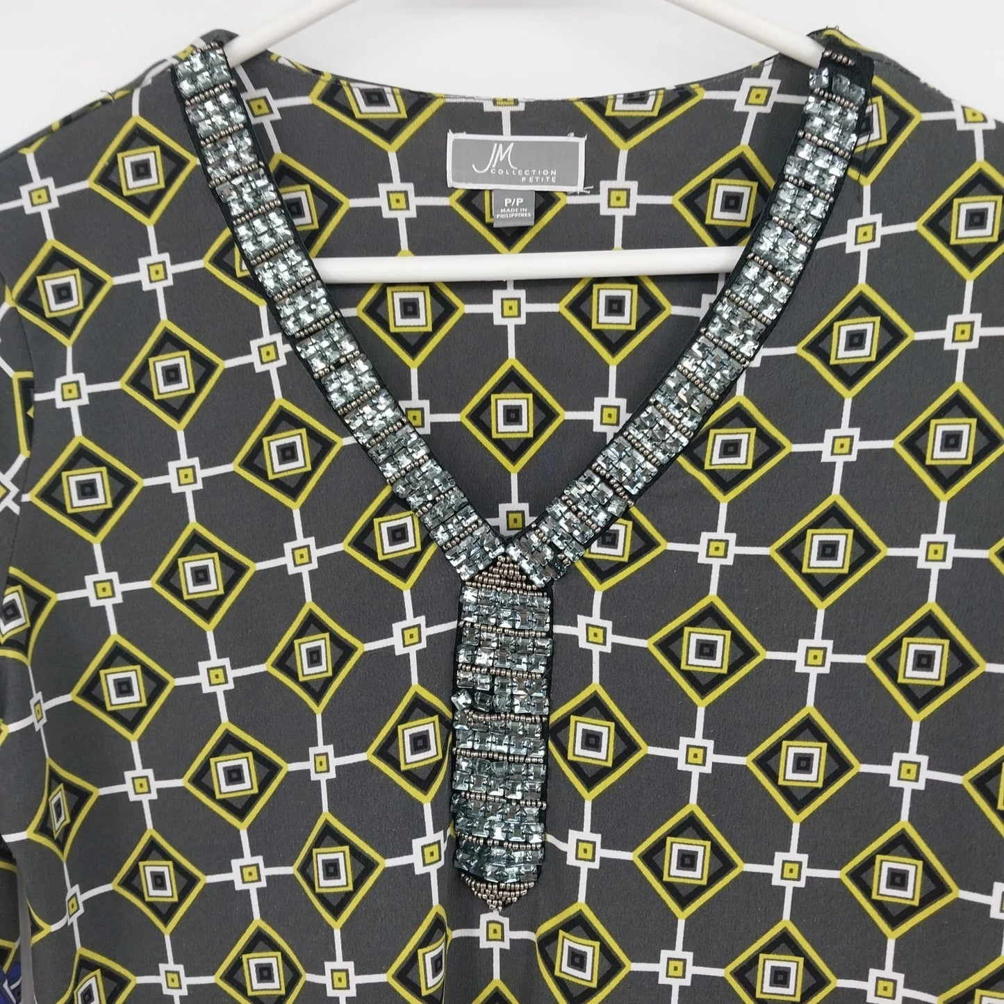 JM Collection Petite Geometric Print Beaded V-Neck 3/4 Sleeve Top P/P Polyester