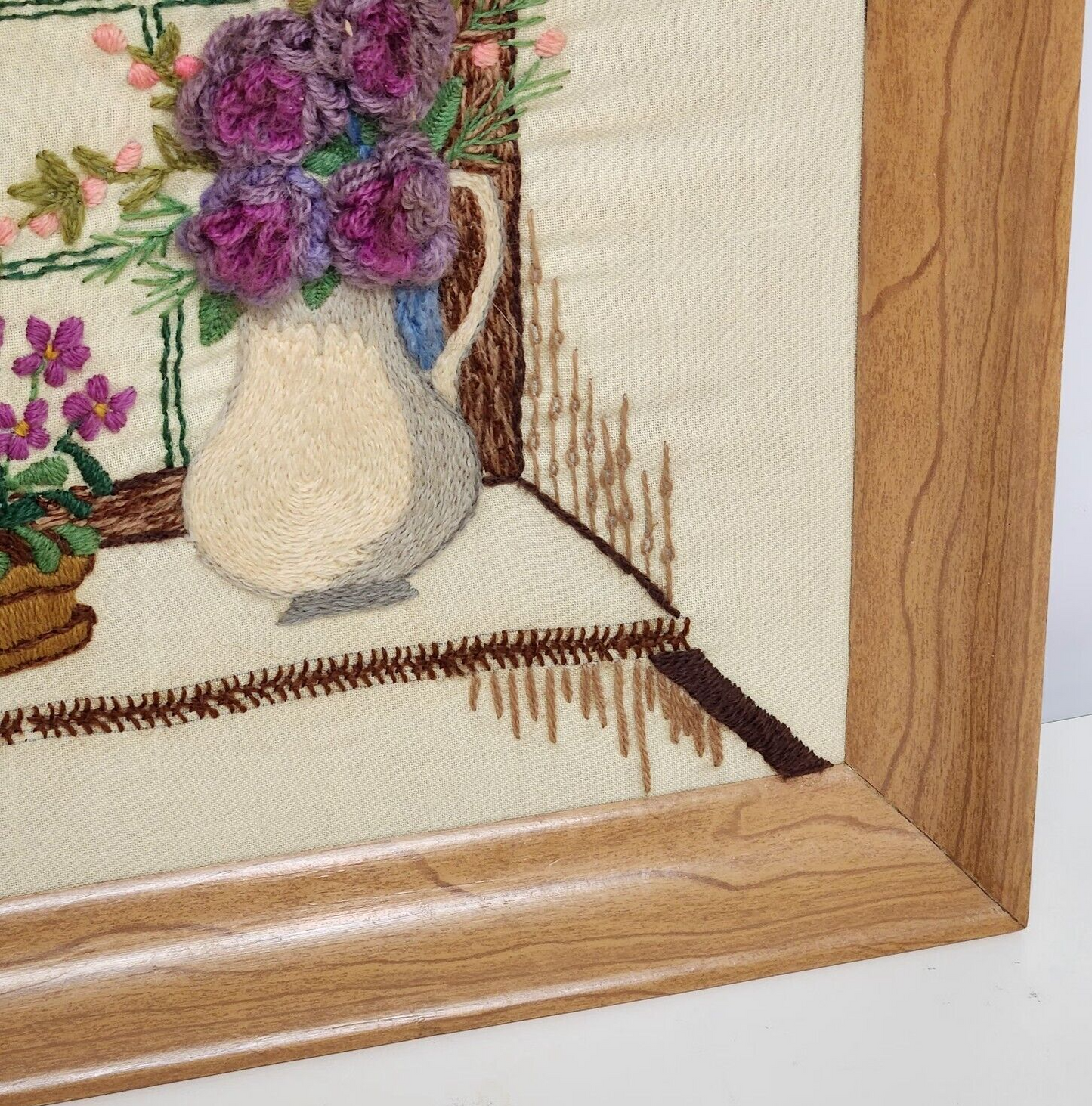 1970s Crewel Thur The Window Finished Framed Needlepoint Picture Vintage Yarn