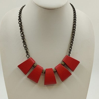 Plunder Red Wood Pendant with Antique Gold Tone Chain & Beads Necklace Jewelry