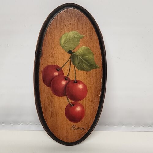 2 Hand Painted Farmhouse Vintage Folk Art Wooden Wall Hanging Plaque Fruit Plums