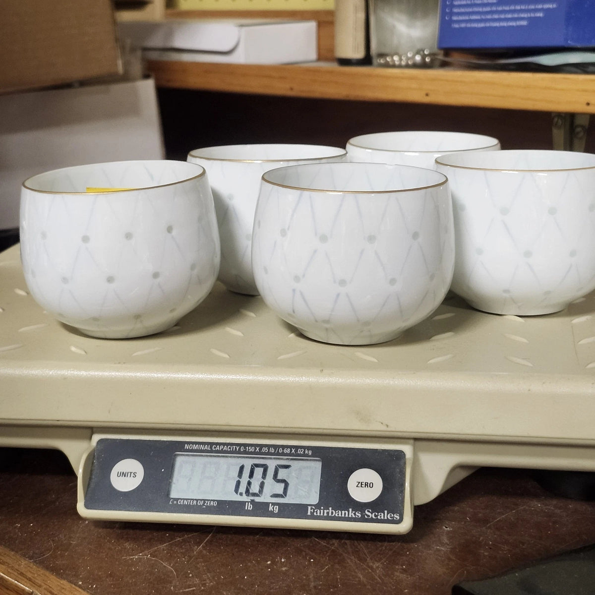 Japanese Hotarude Firefly Porcelain Tea Cups Set 5 Blue White Gold Rim Vintage