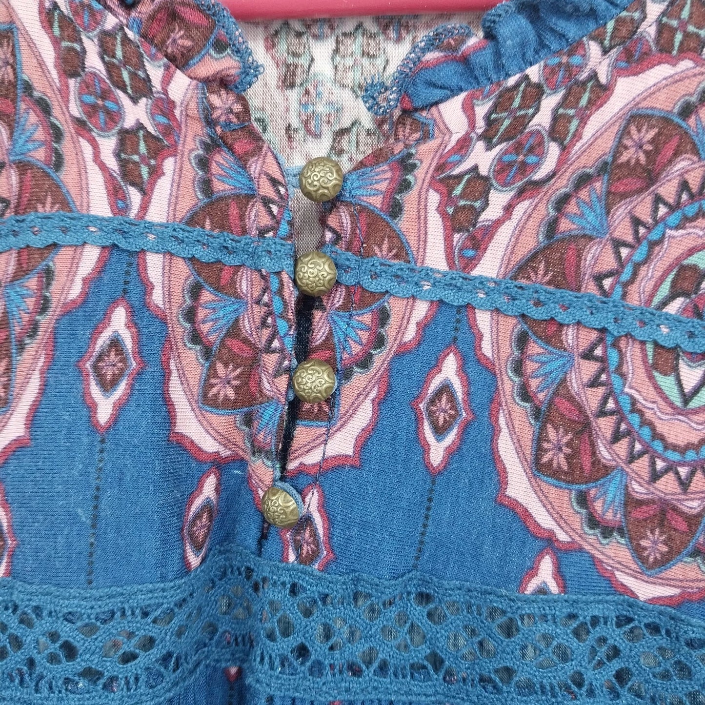 Vintage America Blues Women's Geometric Peasant Top Blue Pink Boho Size L