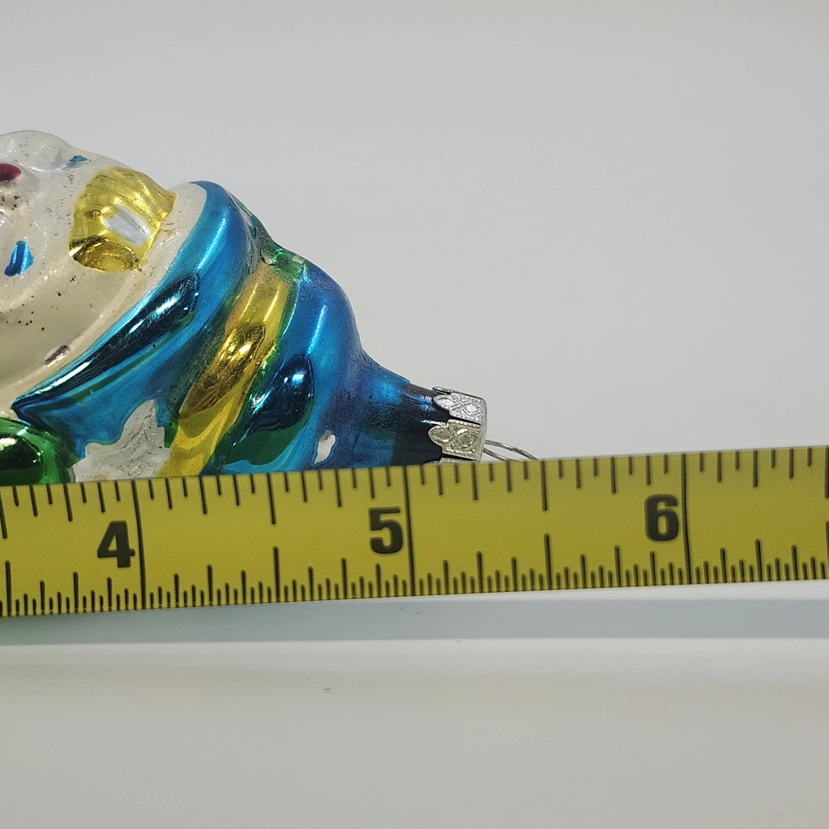 Snowman Blue Hat Red Scarf Hand Painted Blown Glass Christmas Ornament 5" Vtg