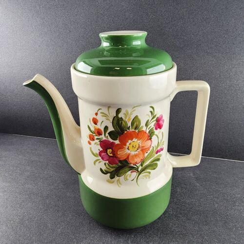 Pagnossin Treviso Italy Strong Earthenware Tea Coffee Pot Floral Green Trim 9" H