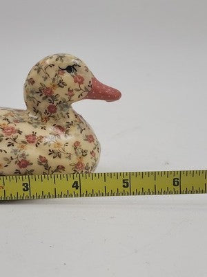 Small Duck Decoy Floral Decoupage Display Felt Base Decorative Porcelain 5” x 3"