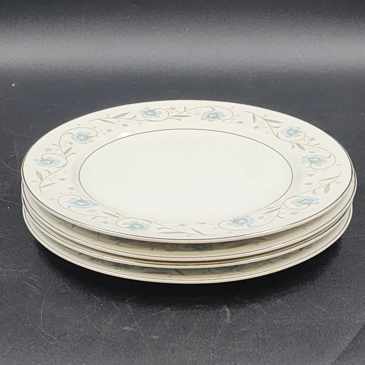 4 English Garden Dinner Plates Platinum Rim 1221 Fine China of Japan