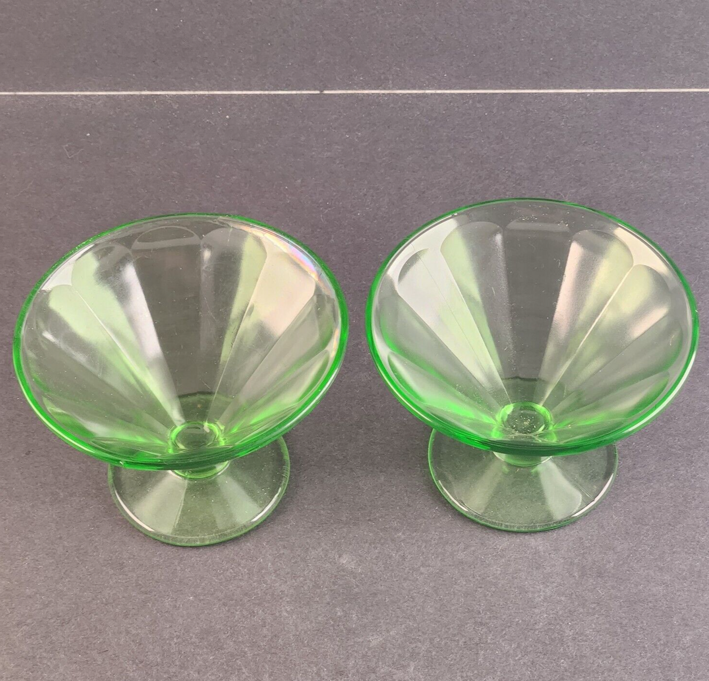 Set of 2 Depression Glass Footed Dessert Bowl Vintage Green Tinted Vaseline