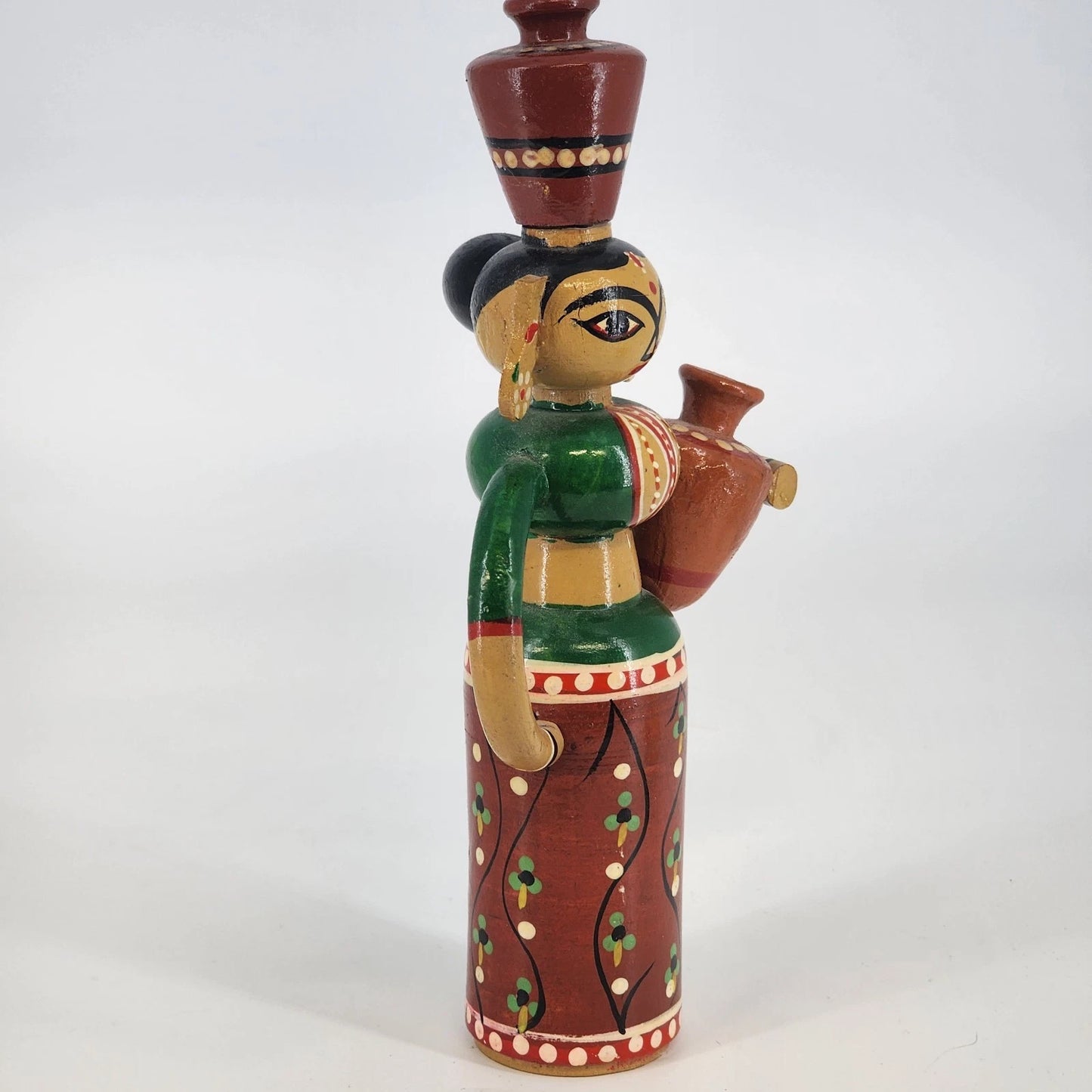 Channapatna Handmade Wooden Doll Woman Carrying Water Pots Karnataka India 8.5"
