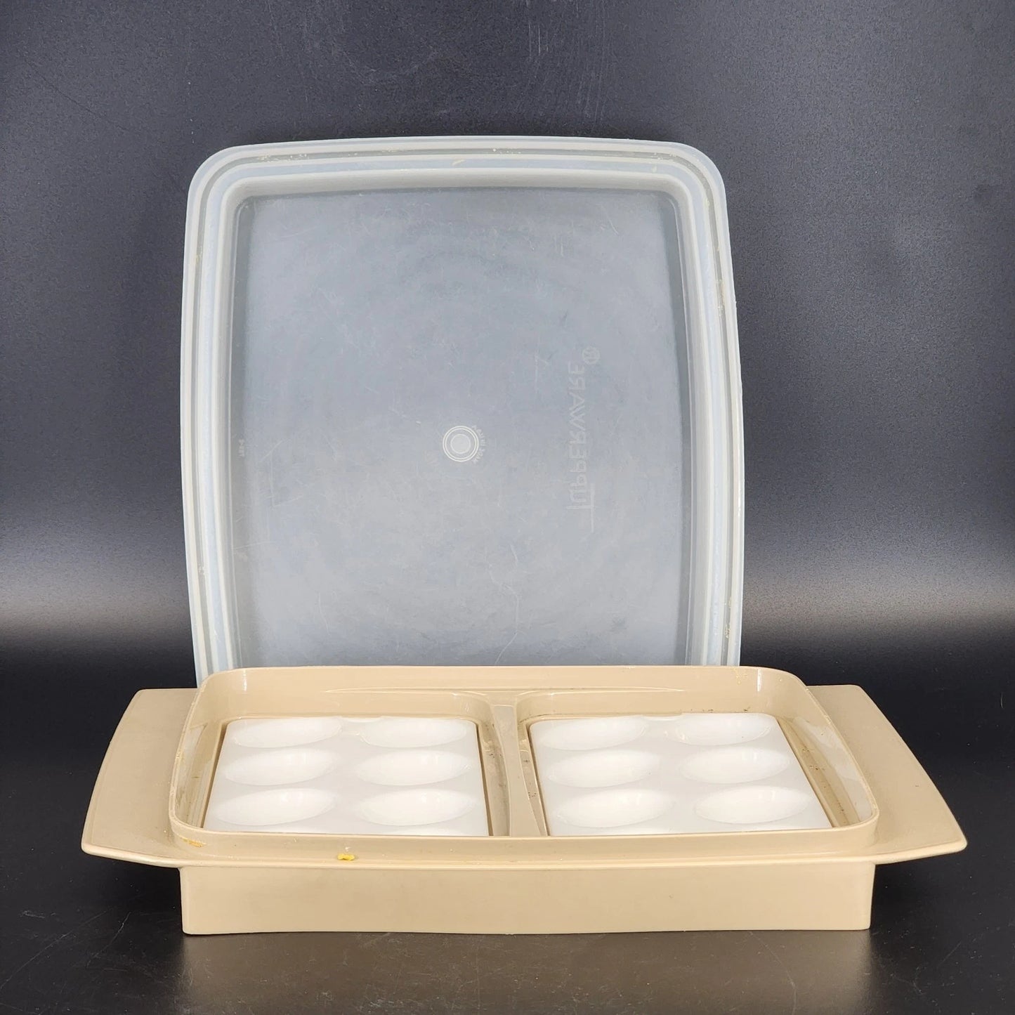 Tupperware Deviled Egg Keeper Container 723 2 Almond 16 Egg Carrier 12 Inch USA