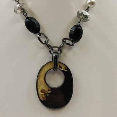 Black Chain with White Faux Pearl & Black Beads with Large Open Pendant Marbled