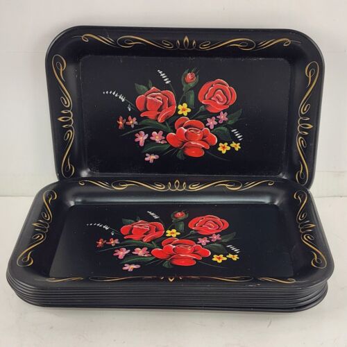 8 Metal Toleware Mini Trays MCM Vintage Black Red Roses Gold Scrolls 4.7" x 6.7”