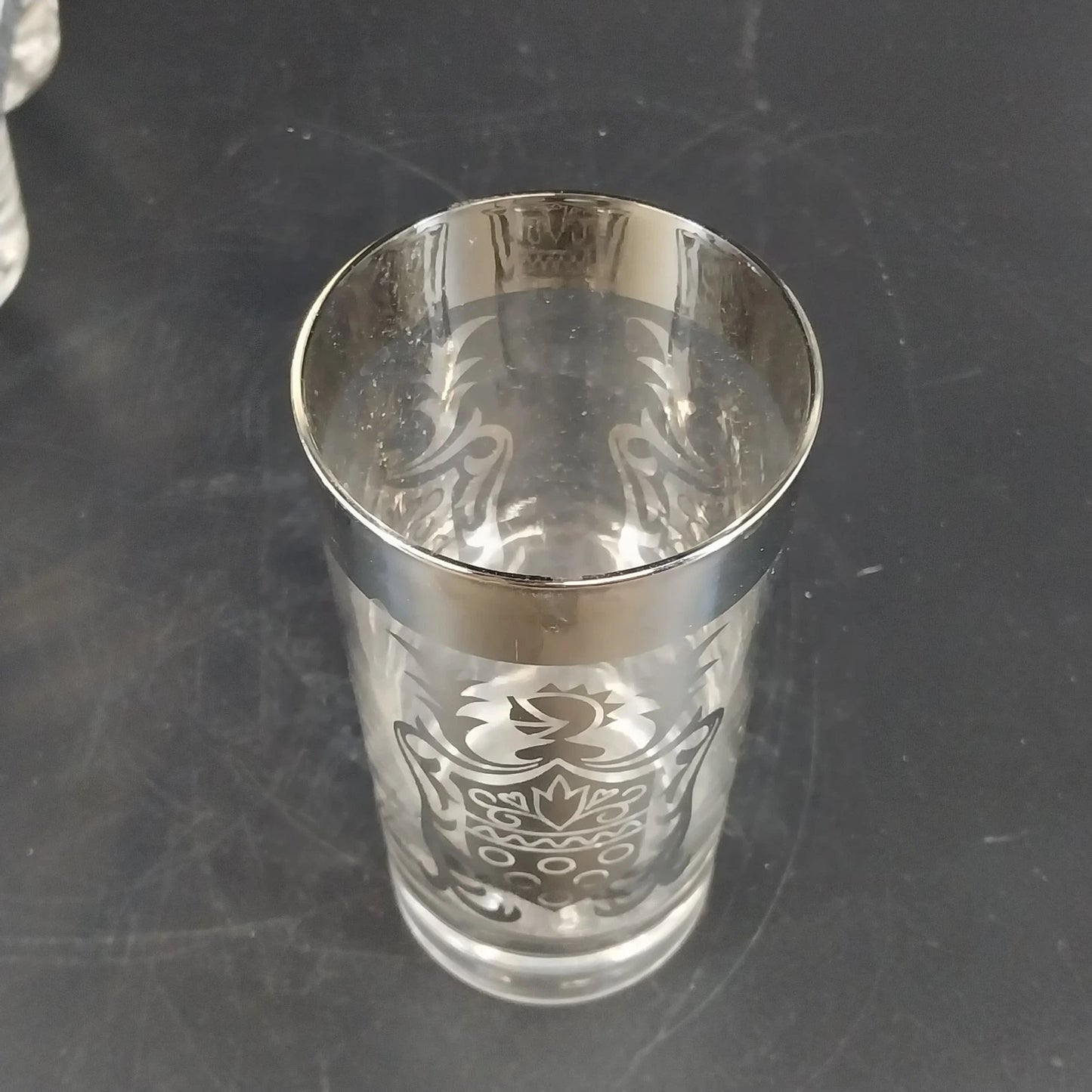 Kimiko Silver Knight Shield Highball Glasses 5.5" Set of 8 Metal Carrier MCM Vtg