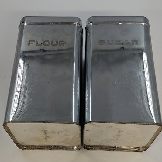 Beautyware Flour Sugar Canister Set Chrome Metal 2-Piece 9" Vintage