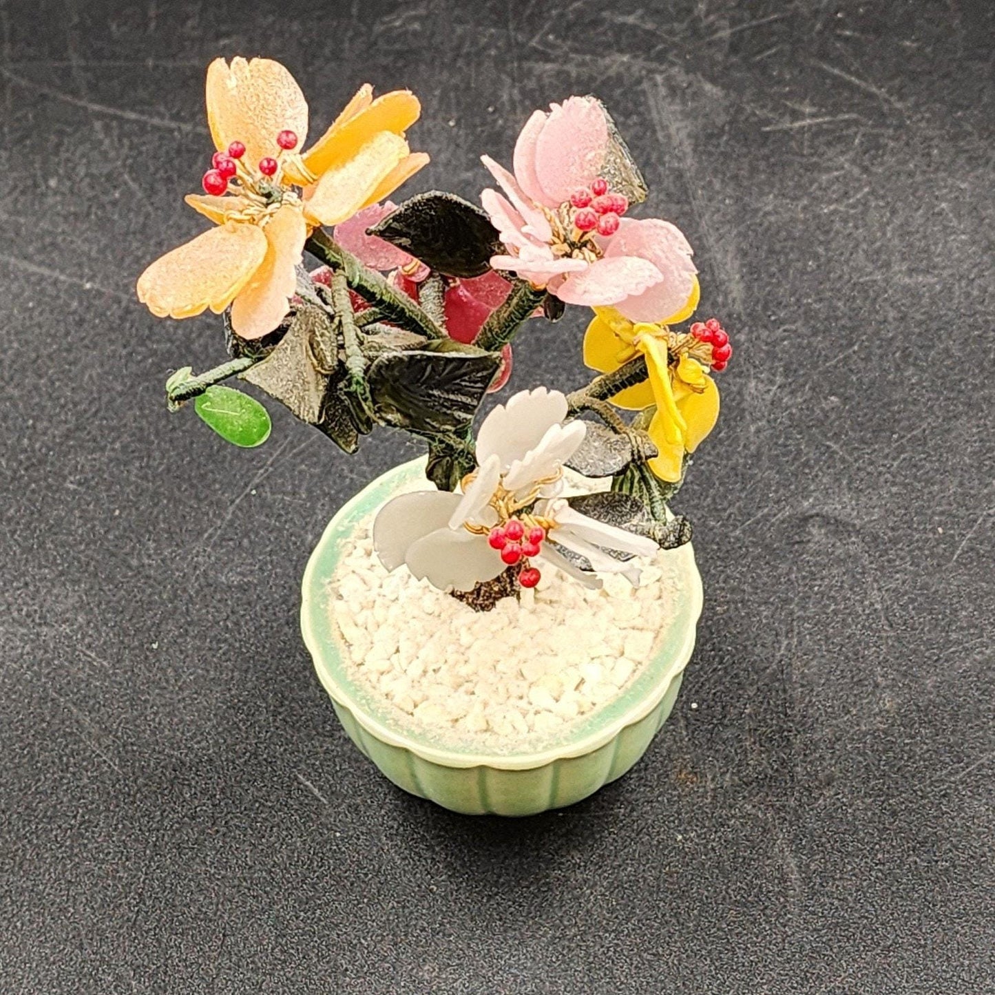 Glass Jade Stone Asian Bonsai Tree Celadon Pot Pink Yellow Floral 6.5"