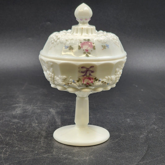 Westmoreland Milk Glass Covered Candy Dish Roses & Bows Paneled Grape 7”