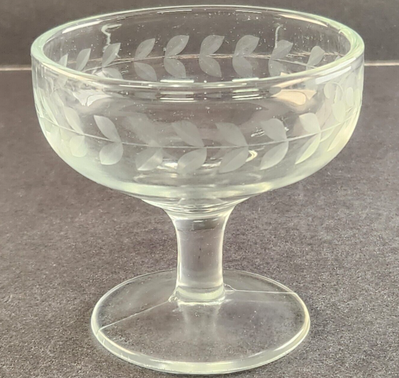 Etched Floral Leaf Sherbet Dessert Bowl Clear Champagne Glass Stemware Vintage