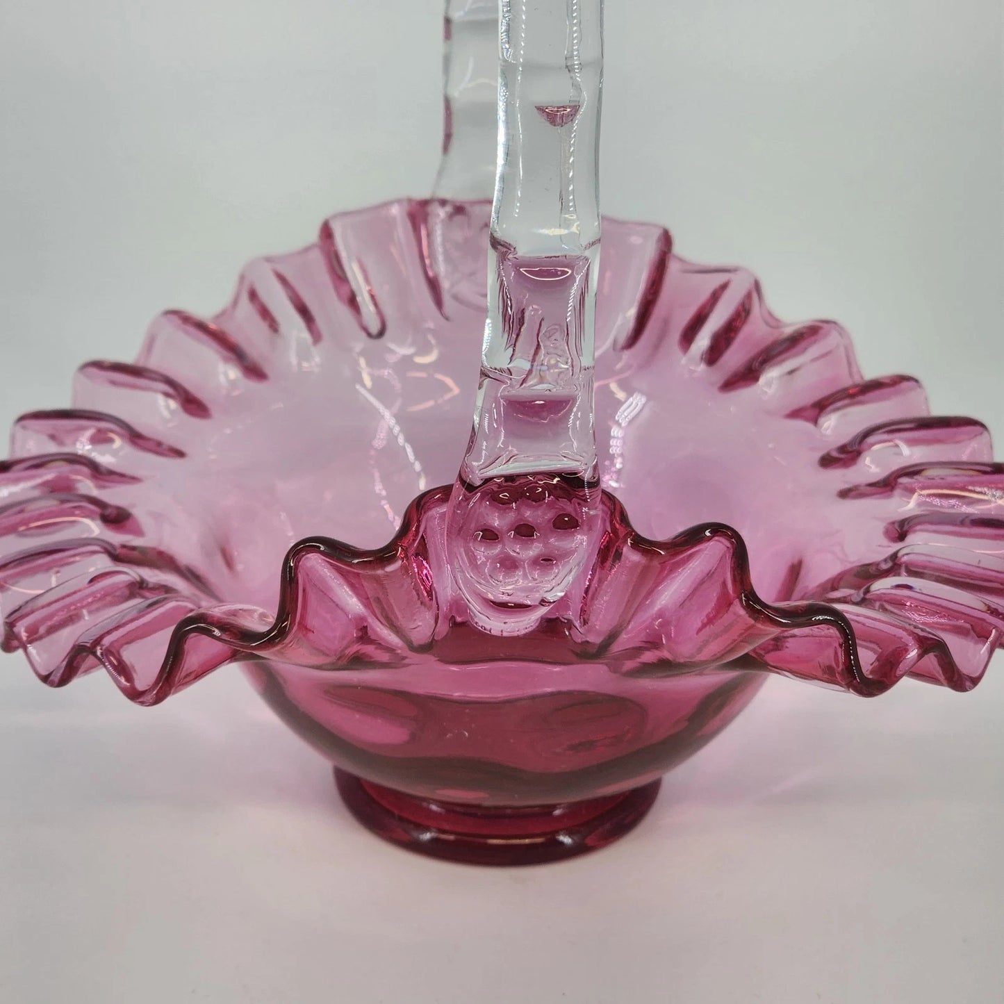 Vintage Fenton Cranberry Glass Basket Coin Dot Ruffled Handle