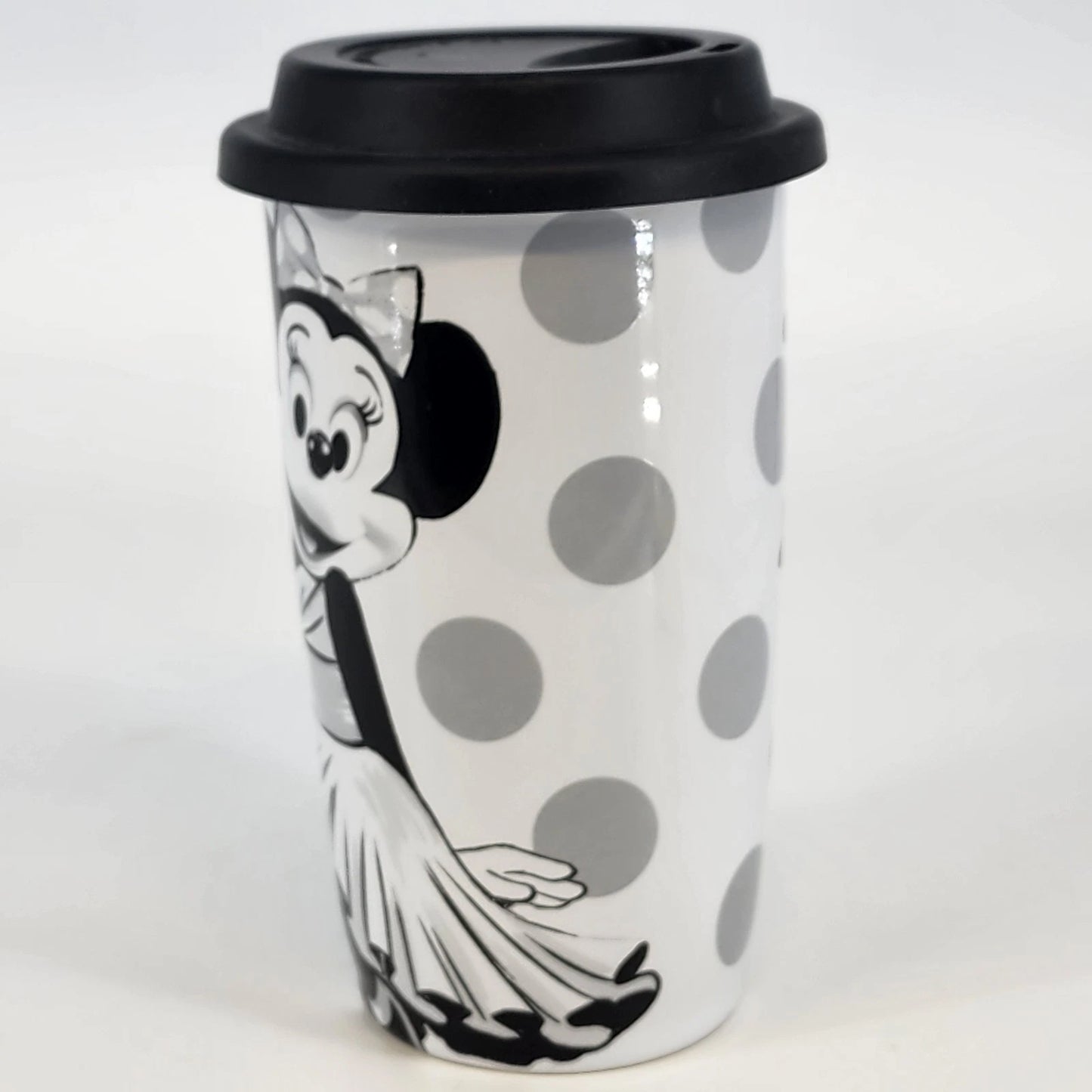 Disney Minnie Mouse Travel Tumbler Ceramic 16 oz Black & White with Silicone Lid