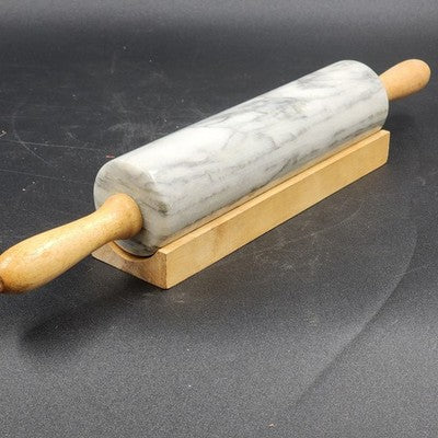 Gray Swirl Marble Rolling Pin 10" Long with Wood Handles 18" and Wood Cradle