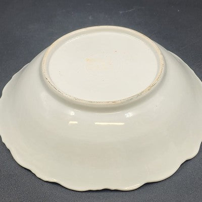 White Serving Vegetable Bowl w Blue Flower Floral Gold Scalloped Edge Embossed