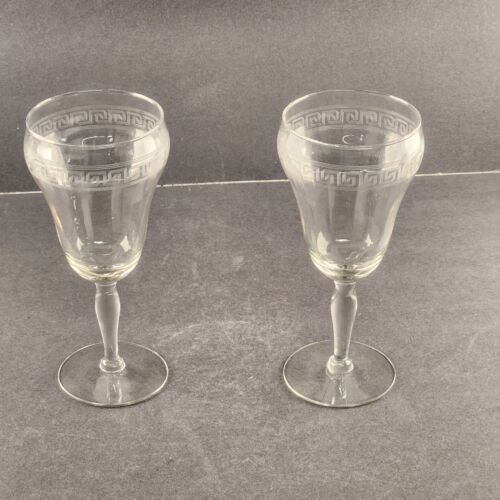 2 Crystal Etched Stemmed Vintage Water Wine Goblets Slight Ribbing 7" Tall