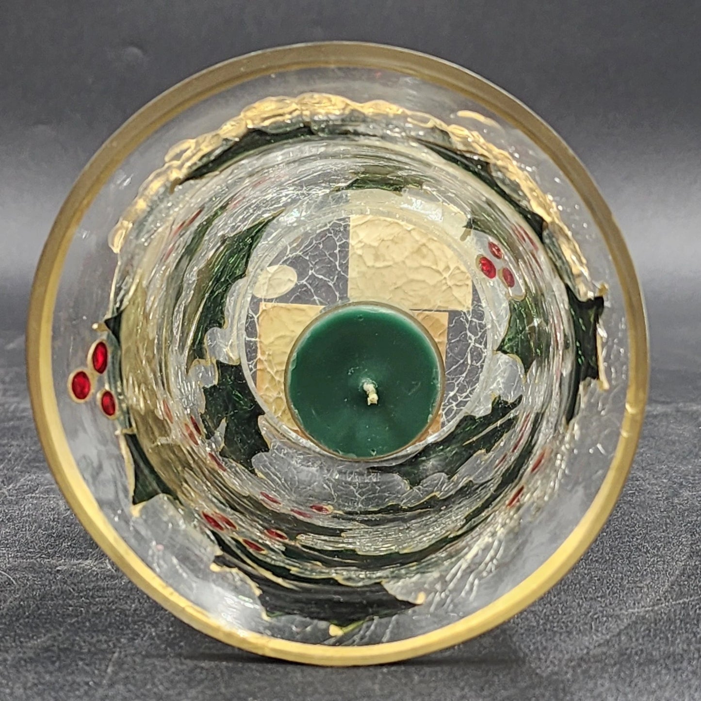 Celebrations Holly Tealight Candle Holder Clear 6" Hand Painted Hurricane Style