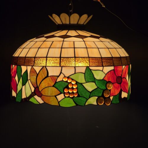 X-Large Stained Glass Hanging Light Tiffany Style Chandelier 3-Light Floral Vtg