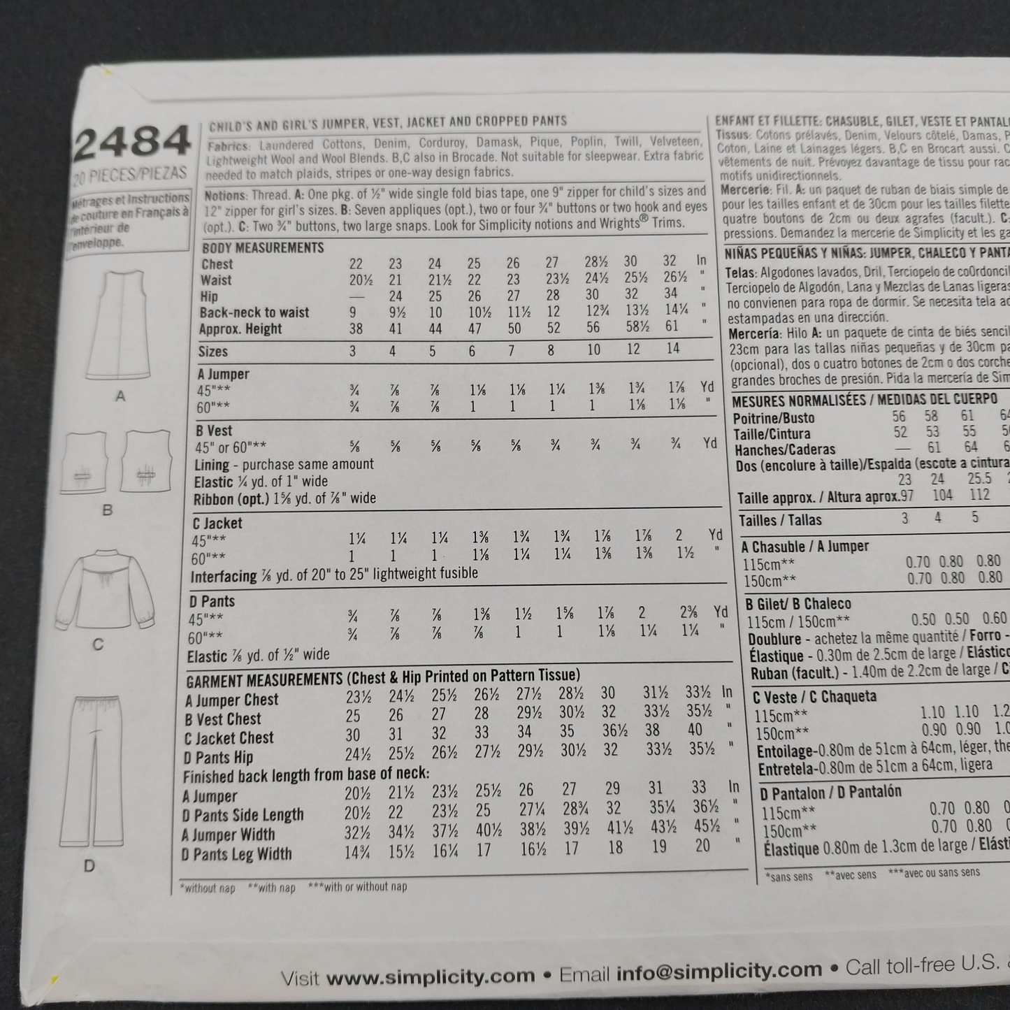 Simplicity 2484 Sewing Pattern UNCUT 2009 Child Jumper Cropped Pant Size HH 3-6