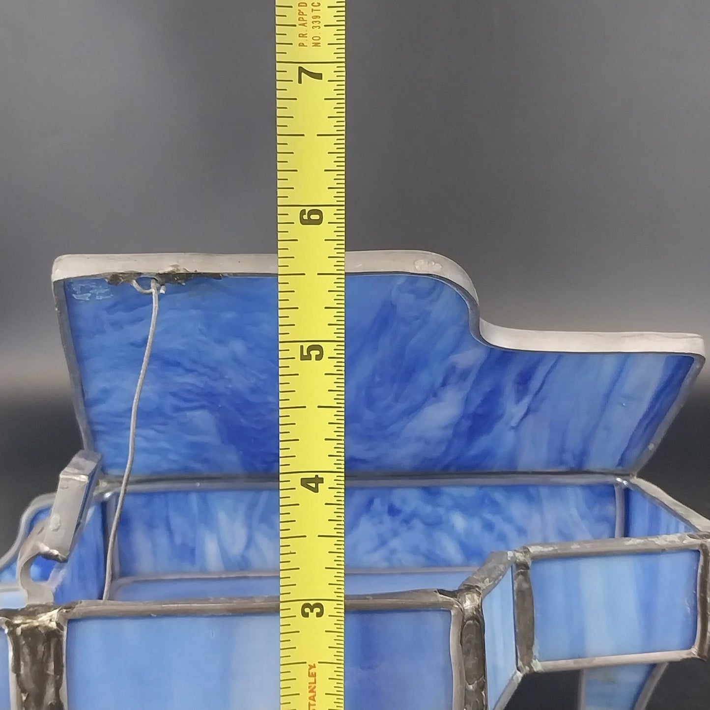 Blue Marbled Stained Glass Grand Piano Trinket Jewelry Box Metal Frame 7" Vtg