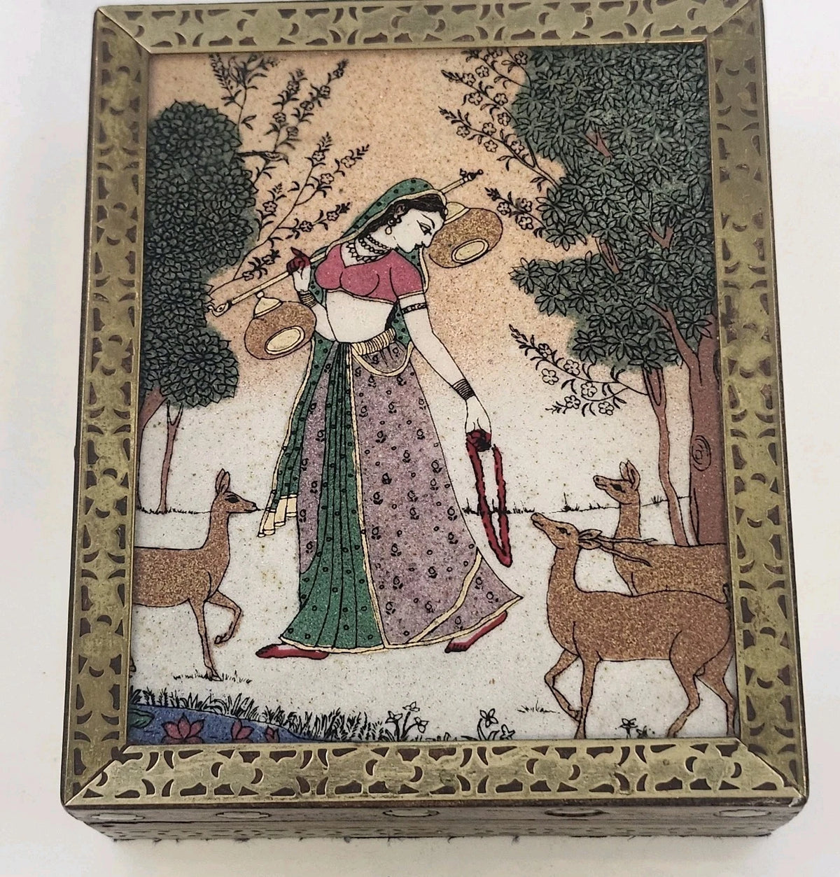Vintage Indian wooden trinket box with woman deer scene and brass inlay