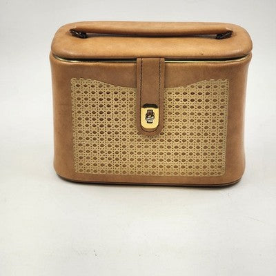 Tan Leather Train Case – 10.5" Travel Luggage with Cane Web Front, Latch Closure, Pockets & Interior Mirror Vintage