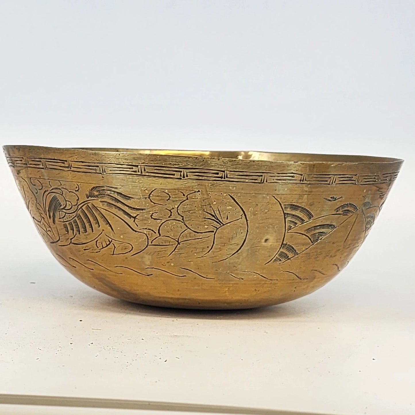 Chinese Solid Brass Engraved Bowl Dragon Phoenix Design 10"x4" MCM Vintage