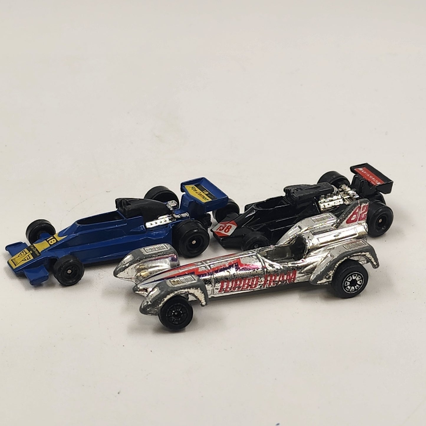 3 Hot Wheels Silver Turbo Tram Blue Fire Demon Black Tornado Diecast Race Cars