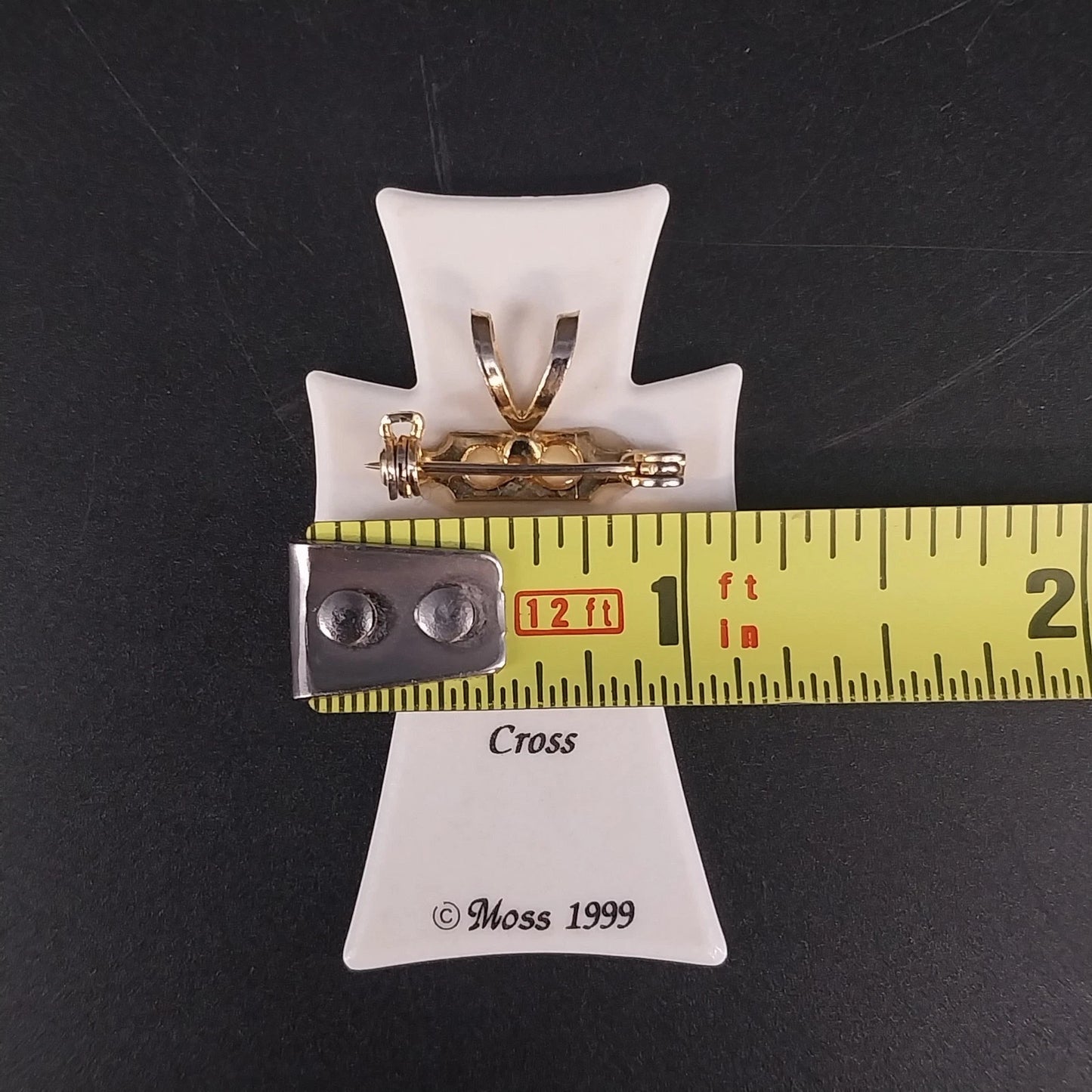 P Buckley Moss Millennium Cross Ceramic Pin Pendant Brooch 2" in Case 1999 Vtg