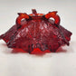 Fenton Ruby Red Glass Bowl 8" Wide Leaf Flowers Footed Dish Ruffled Edge