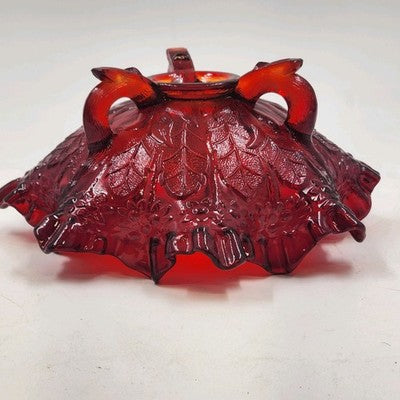 Fenton Ruby Red Glass Bowl 8" Wide Leaf Flowers Footed Dish Ruffled Edge