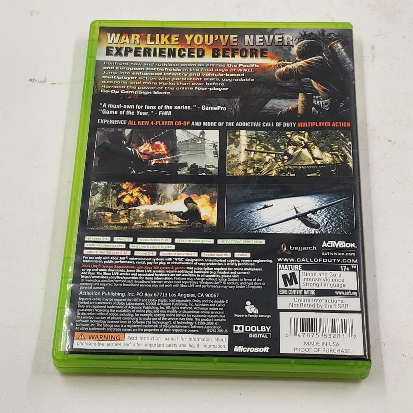 Call of Duty World at War Microsoft Xbox 360 2008 Video Game Console Activision