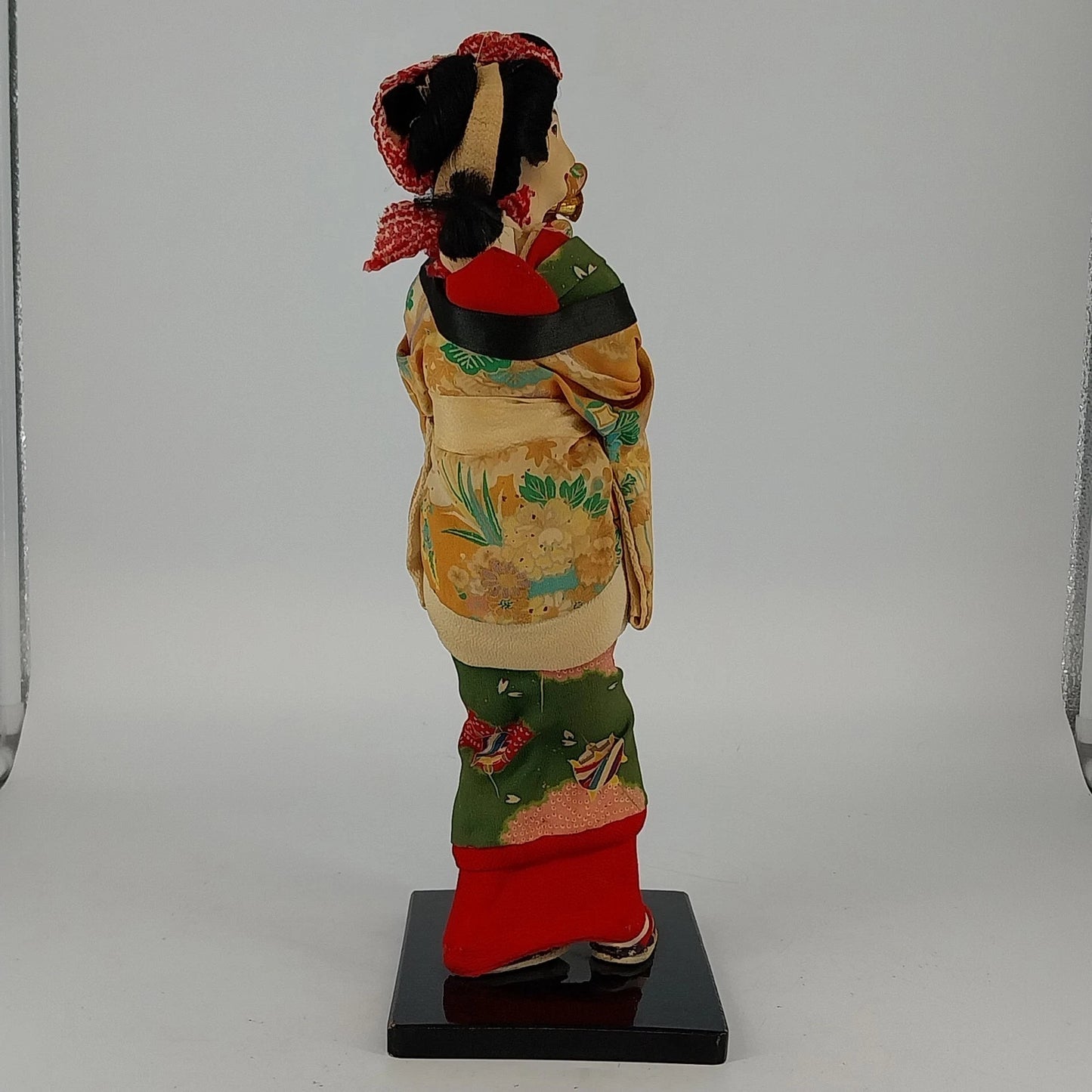 Japanese Geisha Doll 14" Wood Stand Noisemaker Drum Kimono Display Vintage