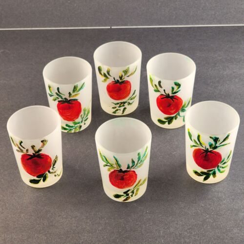 Set of 6 Hazel Atlas Frosted Tomato Juice Glasses 3" Tall Repainted Images