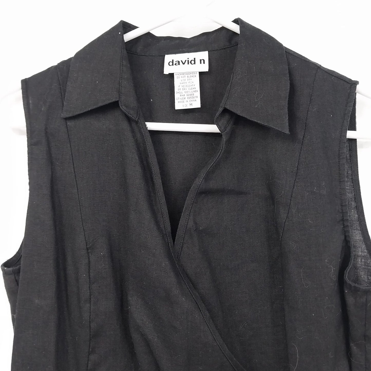 David N Women's Black 100% Linen Sleeveless Wrap Blouse Collared V-Neck Top M